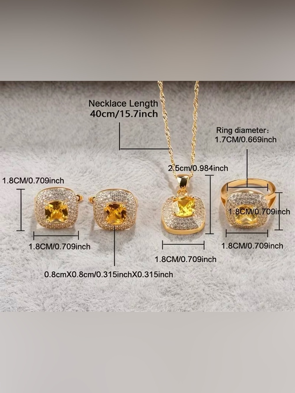 Golden Elegant Vintage Square Jewelry Set with Synthetic Zirconia - Picture 4 of 4